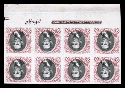 122aP4, 90c Carmine and black, Center Inverted, plate proof on card, the spectacular top sheet-margin full imprint and plate No. 22 block of eight, large well balanced margins
all around, and the sheet selvage is particularly wide, strong fres