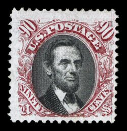 122, 90c Carmine and black, choice unused example, possessing deep luxuriant colors and well incised impressions on bright paper, attractively centered within unusually large
margins, very fine a particularly handsome example of this rare unuse