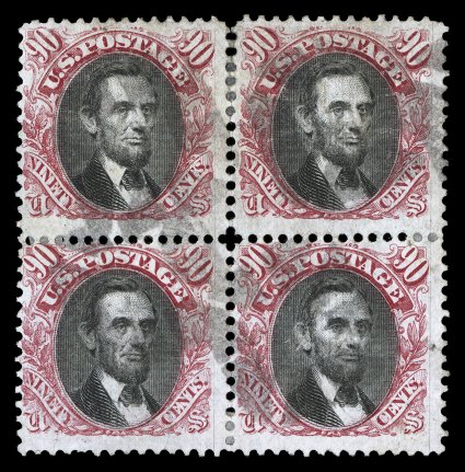122, 90c Carmine and black, an immensely rare used block of four, especially deep rich colors and strong impressions, much better centered than one might imagine for a block of
this difficult stamp, very light and unobtrusive segmented cork canc