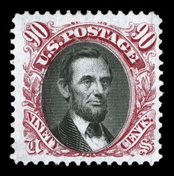 132, 90c Carmine and black re-issue, highly select unused example, featuring truly prooflike color and impression on bright crisp paper, exceptionally well centered within
large margins, very fine a wonderfully choice and fresh copy of this rar