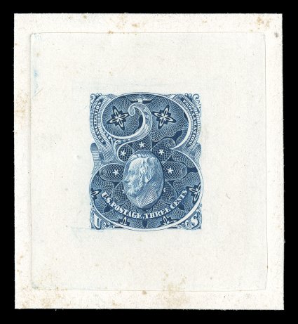 147-E1, 3c Ultramarine, unadopted Lincoln design, large die essay on proof paper, die sunk on card measuring 50x55mm and showing the full die sinkage, a gorgeous intricate
design featuring a portrait of Lincoln within a large numeral 3, and wi