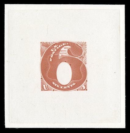 148-E1a, 6c Scarlet, frame only, large die essay on India, die sunk on card measuring 57x58mm and showing full die sinkage, lovely intricate incomplete design of a large
numeral 6 and with small Monroe Doctrine imprint at top, exceptionally