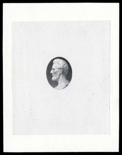 148-E2, (6c) Black Lincoln vignette large die essay on India, die state 1, die sunk on card measuring 69x88mm and showing full die sinkage, brilliantly fresh and clean, very
fine and quite scarce, in addition to being especially handsome.