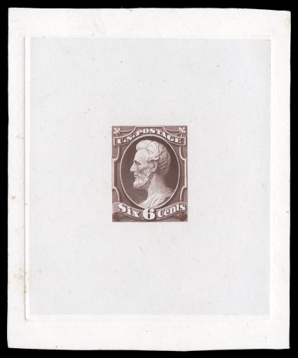 148-E4, 6c Dark red brown, large die essay on India, die state 1, die sunk on card measuring 73x89mm and showing full die sinkage, handsome unadopted frame design, very
fine.