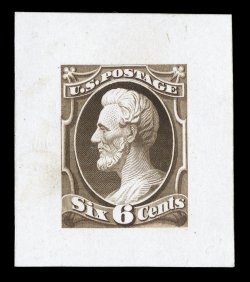 148-E6, 6c Dark rose, Brown and Violet, large die essays on India, die state 2, as previous essays but now with diagonal lines added to the vignette background, three different
colors, each trimmed down (as is often the case), the violet trimmed