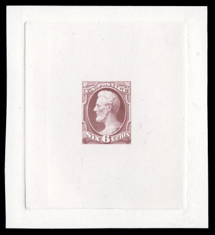 148-E7, 6c Dull rose, large die essay on India, die state 3, mounted on card measuring 80x89mm and showing full die sinkage, as previous essays but now with dots added to top
of hair, brilliantly fresh and clean, very fine especially rare being