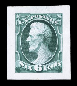 148-E7, 6c Orange, Brown, Yellow green and Blue green, large die essays on India, die state 3, as previous essays but now with dots added to top of hair, four different colors,
each trimmed down (as is often the case), ranging in size from small