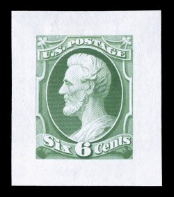 148-E8, 6c Yellow green and Rose, large die essays on India, die state 4, as previous essays but now cheek shading consisting only of dots, two different colors, each trimmed
down (as is always found on these per note in the Scott catalog), the