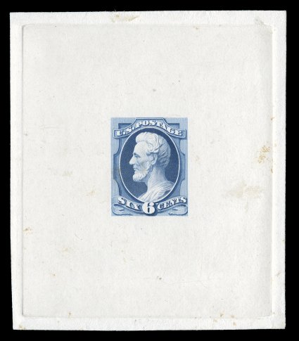 148-E10a, 6c Deep blue, large die essay on India, die state 5, mounted on card measuring 70x82mm and showing full die sinkage, as previous 4 essays, but now with adopted frame
design, faint soiling at far right of little consequence, very fine
