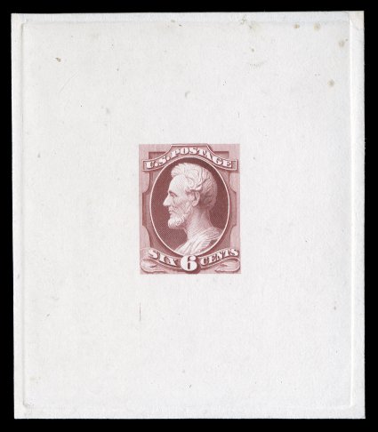 148-E11, 6c Carmine, large die essay on India, die state 6, mounted on card measuring 68x80mm and showing full die sinkage, design is now as adopted design but with hair
brushed forward, couple of faint soil specks at top right, very fine espec