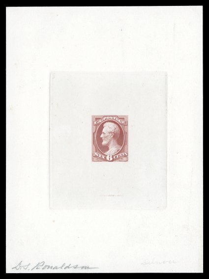 148P1, 6c Carmine, large die proof on India, die sunk on card measuring 107x145mm, with National Bank Note co., N.Y. imprint at bottom of India, signed in pencil at bottom by
the engravers D.S. Ronaldson and (L.) Delnoce, very fine and excee