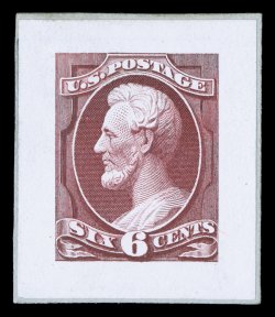 148P2, 6c Carmine, small die proof on India, on original card backing from a Roosevelt album, extremely fine a special printing of small die proofs was produced in 1904 by the
Roosevelt administration, only eighty five Roosevelt presentation