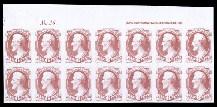 148P3, 6c Carmine, plate proof on India, handsome full top margin imprint and plate No. 26 block of fourteen, brilliantly fresh, well margined, sheet selvage at top left (not
part of integral plate block of twelve) with corner crease ending in