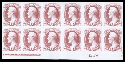 148P3, 6c Carmine, plate proof on India, bottom margin imprint and plate No. 26 block of fourteen, exceptionally well margined all around, strong color and impression on bright
paper, extremely fine a handsome and scarce proof plate block mul