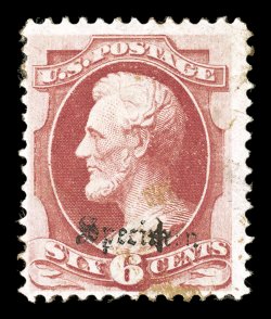 145SA-155SA, 1870 1c-90c National Bank Notes, overprinted Specimen type A in English type, an immensely rare set of the nine known values, including the 6c Lincoln, with
Specimen overprint type A, the 1c to 10c values each with tiny manuscri