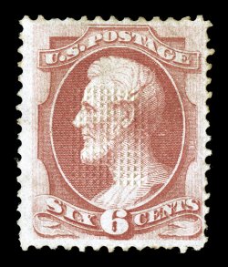 137-E, 6c Carmine, 11x14 point essay grill, points down, without gum, a strongly impressed grill that is quite distinctive, few minor perf. flaws of little consequence given
that this is the only recorded example of this value with the essay g