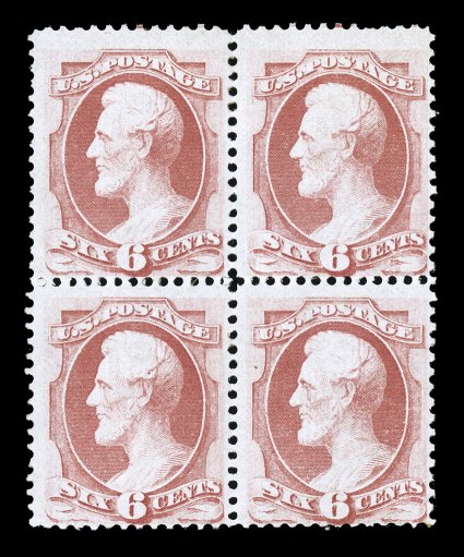 137, 6c Carmine, with H grill, an incredibly rare mint block of four, brilliantly fresh and bright, rich color, full o.g. which shows the grill impressions well, minor h.r.,
centered just a bit to bottom, fine and quite choice the rarity of t