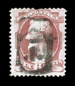 137, 6c Carmine with Grill, used, excellent central strike of an unusual fancy face cancellation, unlisted in Skinner-Eno but thought to be attributed to Pittsburgh, Pa., stamp
with small faults including a pulled perf. at top, the cancel