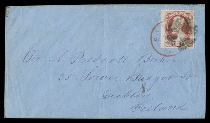 137, 6c Carmine with grill, quite well centered within unusually wide margins, tied to attractive blue colored 1871 cover to Dublin, Ireland by both circle of wedges postmark
and red Boston c.d.s., DublinAp 17 71 arrival c.d.s., very fine