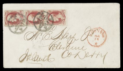 137, 6c Carmine with grill, vertical strip of three, with natural s.e. at right, tied to 1873 cover to Derry, Ireland by two strikes of fancy geometric NYFM cancels, red
New-YorkJun 14K c.d.s., backstamped, cover with some expert cle