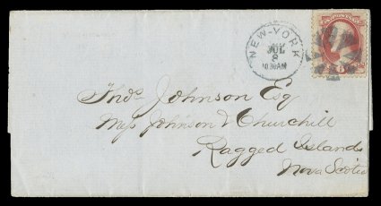137, 6c Carmine with grill, fine single, tied to 1870 folded entire to Ragged Islands, Nova Scotia by circle of wedges postmark, matching New-YorkJul 8 c.d.s. alongside, oval
Halifax transit mark and scarce Rocks Islands arrival c.d.s., b