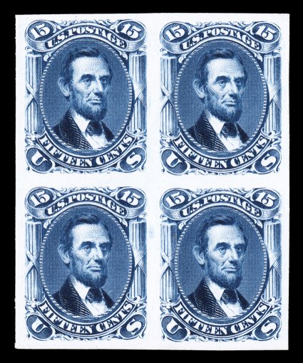108TC, 15c 1861-66 Design, Atlanta trial color plate proofs on card, complete set in all five colors, in extremely rare blocks of four, all with vibrant colors and large margins
all around, extremely fine a stunning and eye-appealing set unp