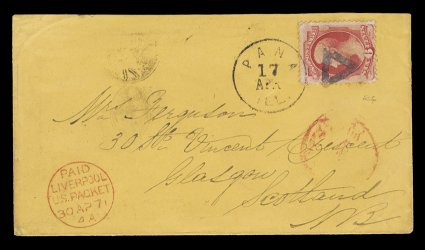 137, 6c Carmine with grill, centered a bit to bottom, tied to striking deep canary colored cover to Glasgow, Scotland by most unusual open triangle cancel, as well as matching
Pana, Ill.17 Apr c.d.s., indistinct red New York Paid All