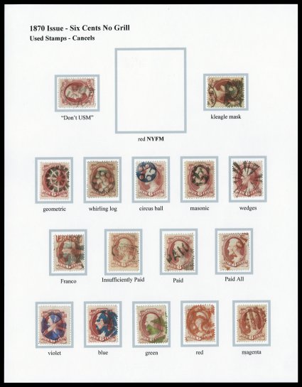 148, 6c Carmine, a marvelous specialized cancellation group of 44 singles (one of which is Scott 137, with grill), two horizontal pairs and a block of eight (4x2), all
individually selected by Mr. Ainsworth for his exhibition pages, with an eye