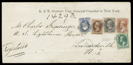 148, 6c Carmine, tied to a triple rate registered legal sized cover from New York City to the U.S. Lighthouse Keeper in Leonardsville, N.J., along with 1c Ultramarine and 12c
Dull violet grilled issues (134, 140), as well as 2c Red Brown and