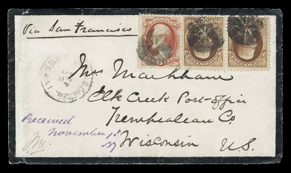 148, 6c Carmine, along with 2c Red brown (146), a single of the former (natural s.e. at left) and a horizontal pair of the latter, tied to handsome 1871 mourning cover from
Shanghai, China to Elk Creek, Wis. by petite circle of wedges postm