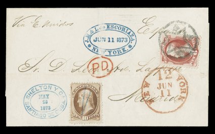 148, 6c Carmine, along with 10c Brown (150), the former tied to an especially colorful and rare 1873 folded entire from Santiago de Cuba to Madrid, Spain by an excellent
central strike of a fancy geometric NYFM cancel, the 10c stamp mak