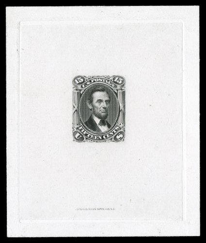 77P1, 15c Black, large die proof on India, die sunk on 73x87mm card. showing full die sinkage, with National Bank Note Company imprint at bottom, quite fresh, very
fine.