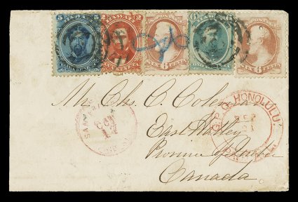 148, 6c Carmine, two singles along with Hawaii 2c Rose vermilion, 5c Blue and 6c Green (31-33) tied together to a most unusual 1874 cover from Honolulu, Hawaii to East Hatley,
Canada by three-ring target postmarks, although the middle 6