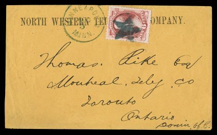 148, 6c Carmine, nicely centered single with strong color, just tied to handsome North Western Telegraph Company imprinted orange buff colored envelope by five-point star
cancel, with blue Minneapolis, Minn.Aug 3 (1873) c.d.s. along sid