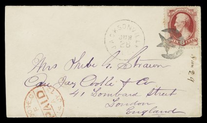 148, 6c Carmine, fine single with deep rich color, tied to neat 1873 cover to London, England by perfect strike of very scarce fancy star and crescent cancel, matching
Jacksonville, IllJun 28 c.d.s. alongside, red London Paid c.d.s. a