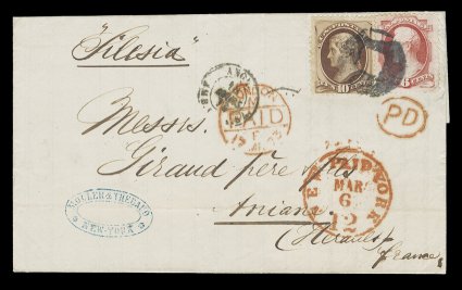 148, 6c Carmine, along with 10c Brown (150), tied to clean and most attractive 1873 folded letter from New York City to Ariane, France by central strike of unusual circular
NYFM cancel, bold red NewPaidYorkMar 612 c.d.s., along wi