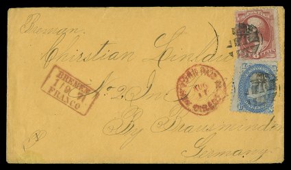 148, 6c Carmine, used in combination with 1c Blue 1861 issue (63), both fine, tied together to orange buff colored 1871 cover to Brausminden, Germany by circular segmented cork
cancels, red August 17 transit c.d.s., clear boxed BremenFran