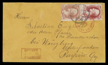 148, 6c Carmine, used in combination with 6c Dull pink 1873 issue (159), both fine singles, tied to neat orange buff colored 1873 cover to Bavaria, Germany by central fancy
geometric NYFM cancel, also tied by red N.York Paid All Aug 2