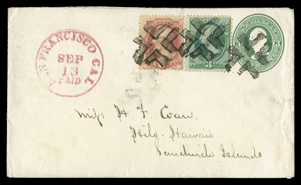 148, 6c Carmine, along with 3c Green (147), tied to neat 3c Green stamped envelope (U82) from San Francisco, Cal. to Hilo, Sandwich Islands (Hawaii), three bold strikes of
crossroads cork postmarks, large magenta San Francisco, Cal.Sep