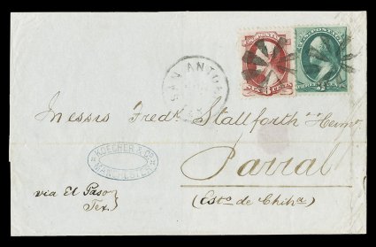 148, 6c Carmine, along with 3c Green 1873 issue (158), singles of each tied to triple rate folded entire (one interior flap missing) from San Antonio, Texas to Parral, Mexico
by circle of wedges postmarks, matching San Antonio, Texas c.d.s.