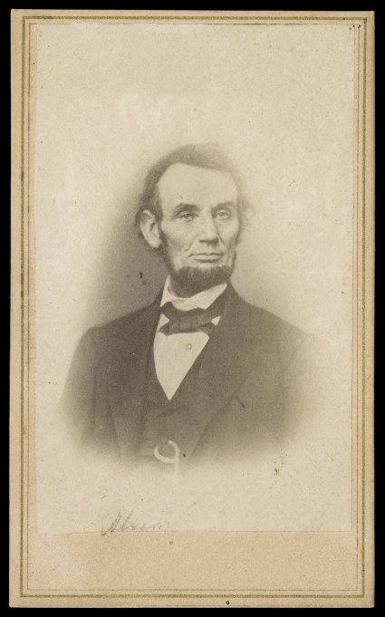 Original Matthew Brady photograph of Abraham Lincoln, mounted on original card measuring 62x102mm, Stefan Lorant catalog number 76, one of six photographs taken by Brady on
February 9, 1864, just three days before Lincolns 55th birthday this li
