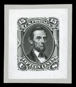 77P2, 15c Black, small die proof on wove, on original card backing from a Roosevelt album, extremely fine a special printing of small die proofs was produced in 1904 by the
Roosevelt administration, only 85 Roosevelt presentation albums were