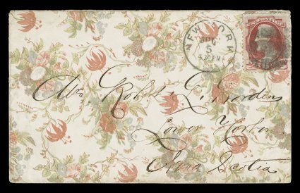 148, 6c Carmine, few nibbed perfs., tied to lovely overall multicolored floral wallpaper cover by segmented cork cancel, matching New YorkJul 5 c.d.s. alongside, addressed to
Lower Harbor, Nova Scotia, light strike of Halifax transit