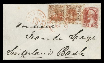 148, 6c Carmine, used in combination with 2c Brown 1869 Pictorial (113), a single of the former and a vertical pair of the latter, each with just fine centering, tied to petite
clean cover to Basle, Switzerland by light red cork cancels, re