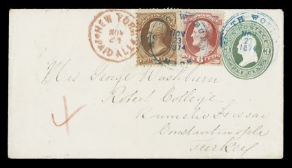 148, 6c Carmine, along with 2c Red brown (146), tied to an immaculate small sized 3c Green Reay stamped envelope to Constantinople, Turkey by two strikes of blue North Woburn,
Mass.Nov 23 1874 c.d.s., 2c stamp additionally tied by red N