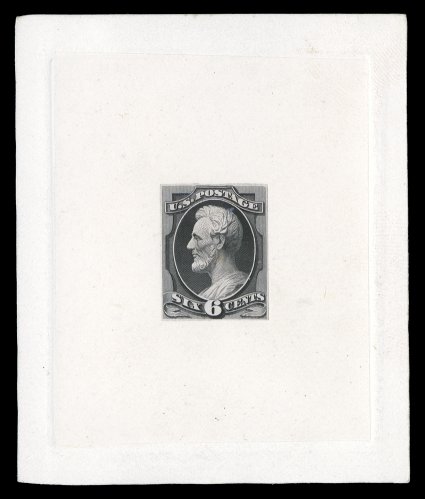 159TC var., 6c Black and Greenish black, large die die trial color proofs on India, both in a hybrid format, die sunk and mounted on cards measuring approximately 74x89mm,
unlisted in Scott in this format, the Greenish black version with small f