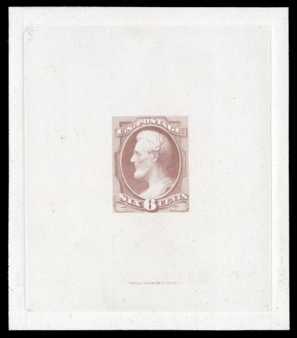 159P1, 6c Pink, large die proof on India, die sunk on card measuring 72x83mm and showing dull die sinkage, with National Bank Note Co. N.Y. imprint at bottom of India, fresh
and very fine.