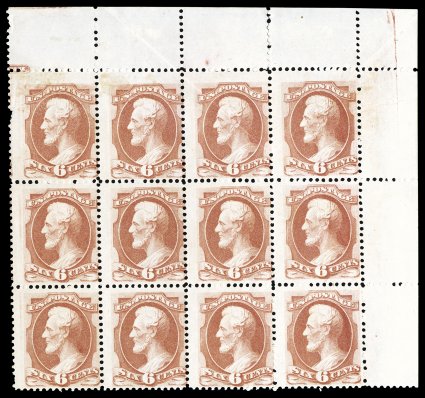 159, 6c Dull pink, a most impressive top right corner sheet-margin mint block of twelve, with full sheet selvages, remarkably fresh for a multiple of this early era, deep rich
color and impression on bright fresh paper, centered a bit to right,