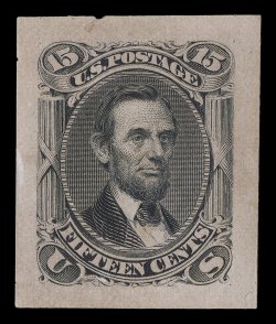 77P2a, 15c Black, Panama-Pacific small die proof on wove, deep color and impression on typically toned paper, tiny edge nick at top ending in a small tear not mentioned on
accompanying certificate, otherwise very fine for this extremely rare p