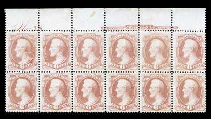 159, 6c Dull pink, a striking full top margin imprint and plate No. 18 block of twelve, possessing a marvelous overall freshness not expected on a multiple of this vintage,
gorgeous rich color and impression on crisp paper, unusually well cent